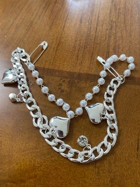 Silver Heart Charm Bracelet with Pearl Bead Accent